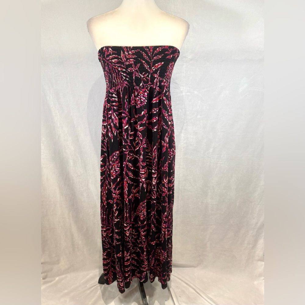 Artisan NY black and pink print smocked strapless midi dress size large
